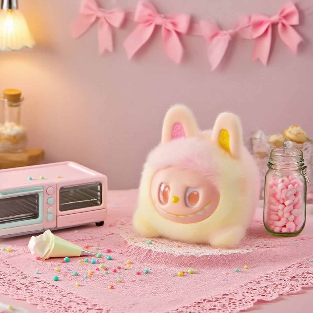 Labubu plush pencil case with creative stationery and fluffy keychain strap
