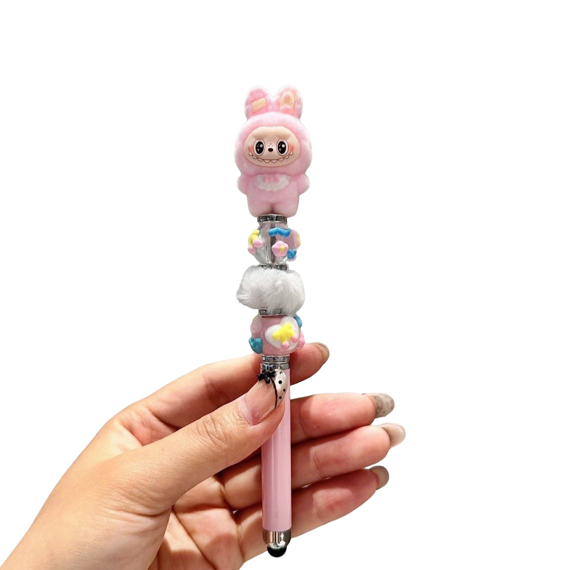 Rabbit-ear Labubu flocked kawaii 0.5 mm gel pen – black ink