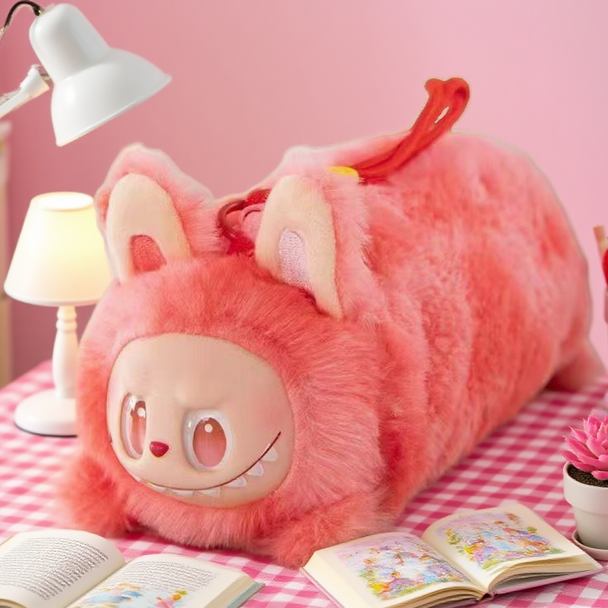 Labubu plush pencil case with creative stationery and fluffy keychain strap