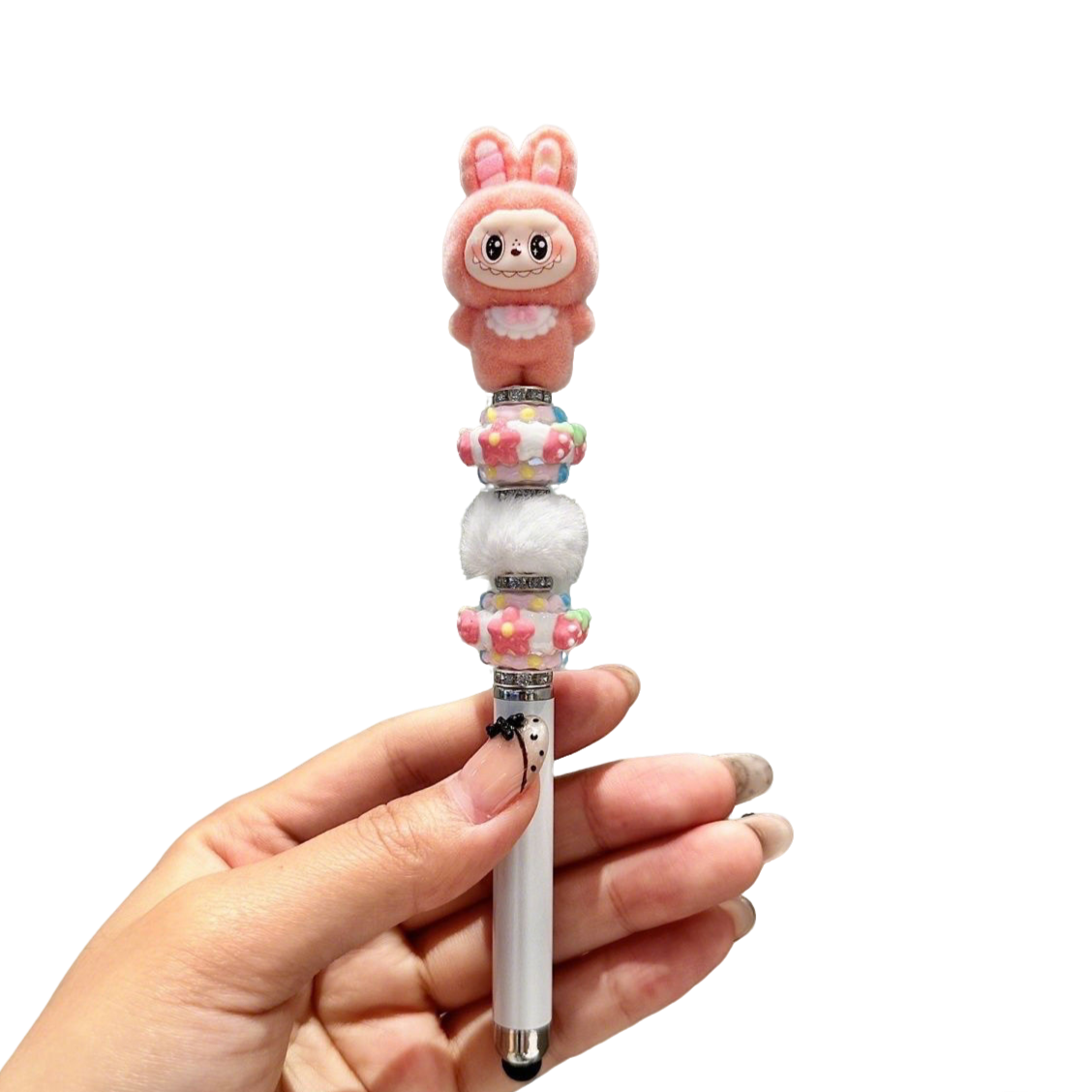 Rabbit-ear Labubu flocked kawaii 0.5 mm gel pen – black ink
