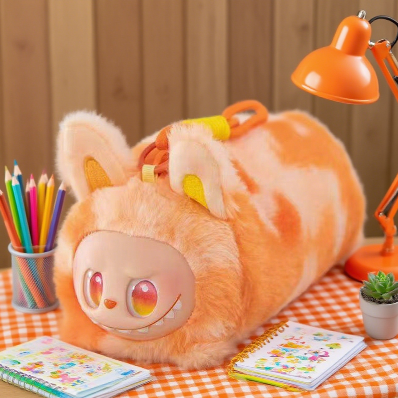 Labubu plush pencil case with creative stationery and fluffy keychain strap