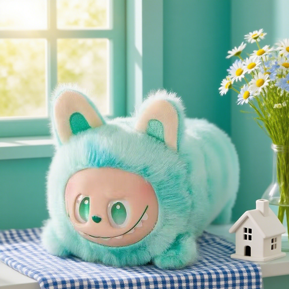 Labubu plush pencil case with creative stationery and fluffy keychain strap