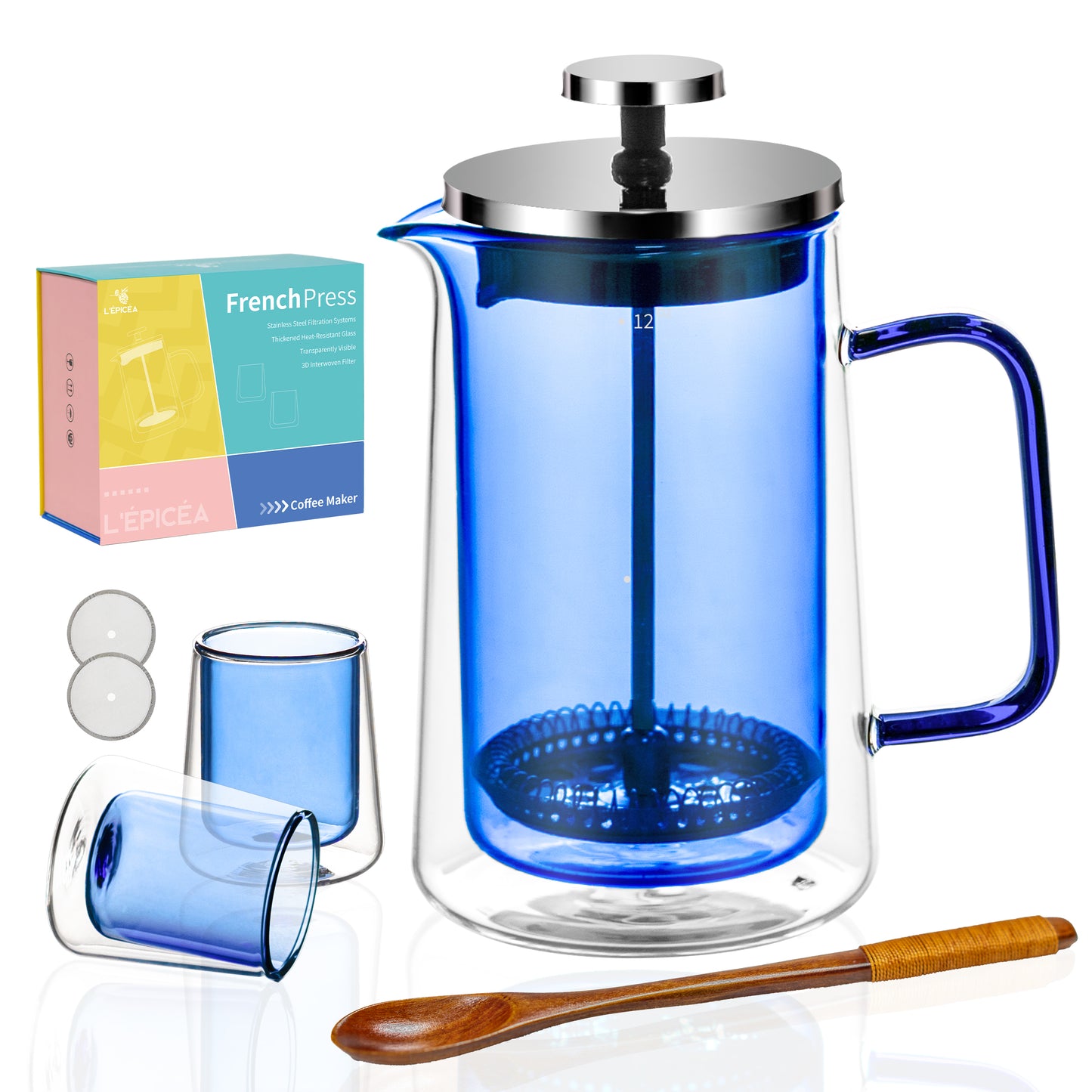 L'ÉPICÉA 34 oz Color Glass French Press – 8-Cup Borosilicate Coffee Maker, 304 SS Fine Filter, 2 Extra Screens, Easy-Clean Large French Press for Home & Gift