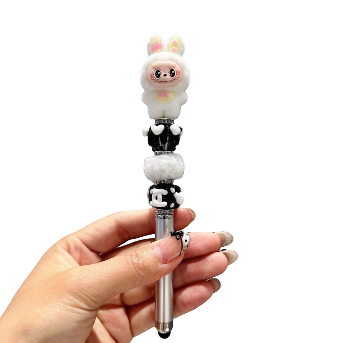 Rabbit-ear Labubu flocked kawaii 0.5 mm gel pen – black ink