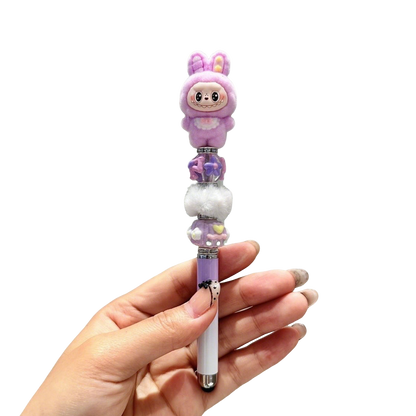 Rabbit-ear Labubu flocked kawaii 0.5 mm gel pen – black ink