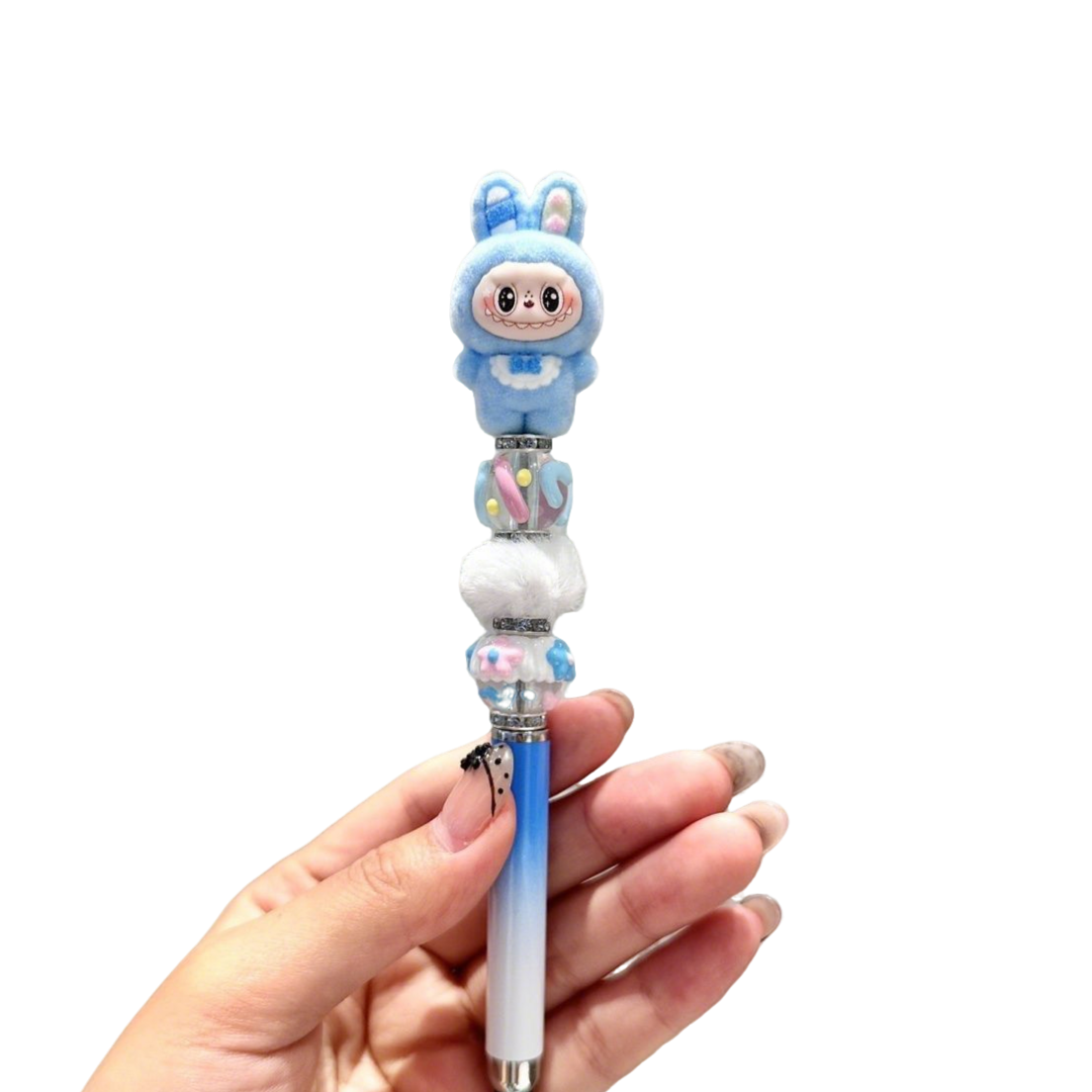 Rabbit-ear Labubu flocked kawaii 0.5 mm gel pen – black ink