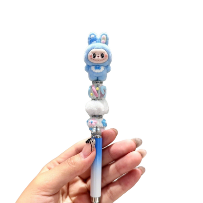 Rabbit-ear Labubu flocked kawaii 0.5 mm gel pen – black ink