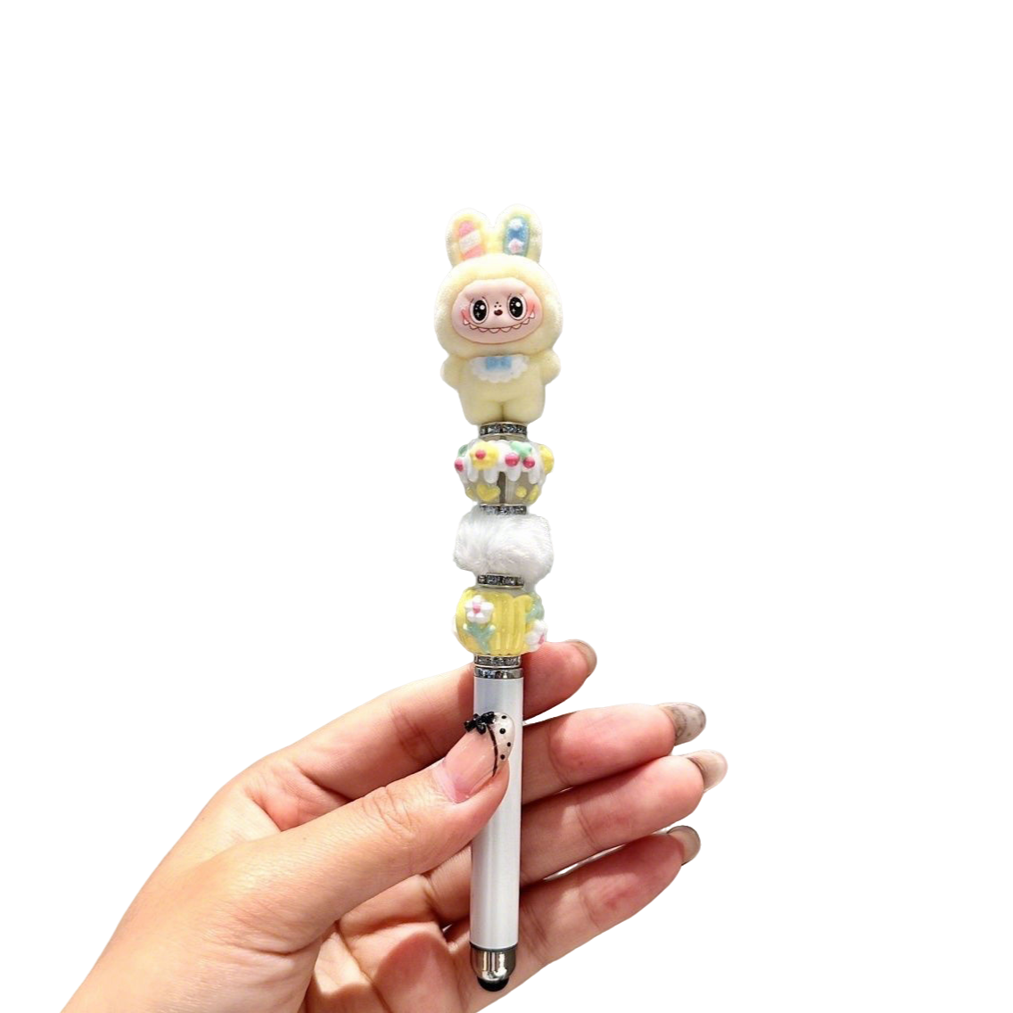 Rabbit-ear Labubu flocked kawaii 0.5 mm gel pen – black ink