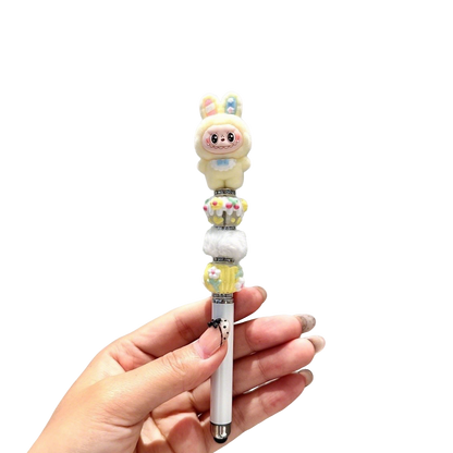 Rabbit-ear Labubu flocked kawaii 0.5 mm gel pen – black ink