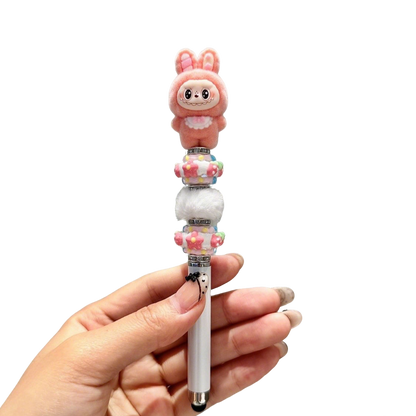 Rabbit-ear Labubu flocked kawaii 0.5 mm gel pen – black ink