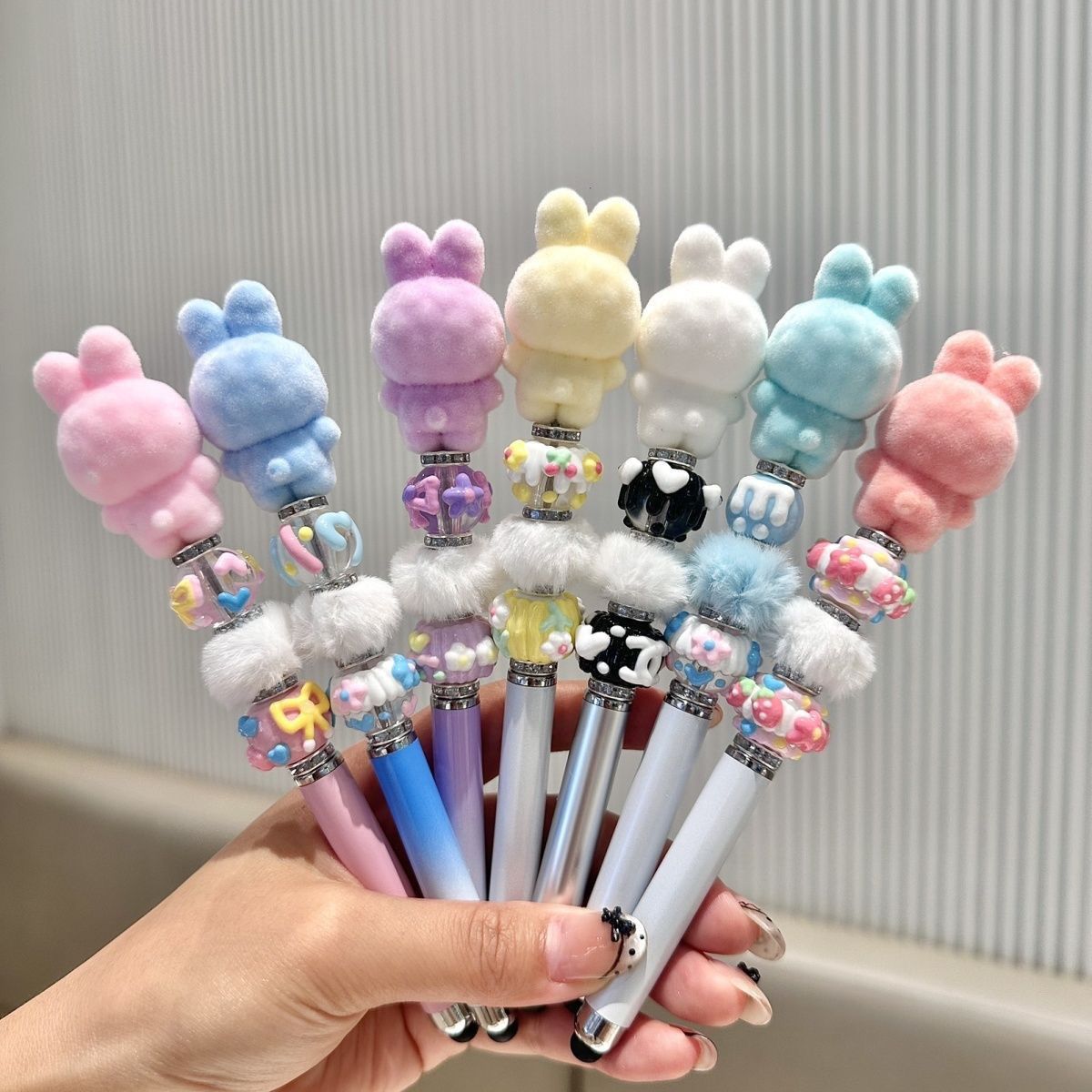 Rabbit-ear Labubu flocked kawaii 0.5 mm gel pen – black ink
