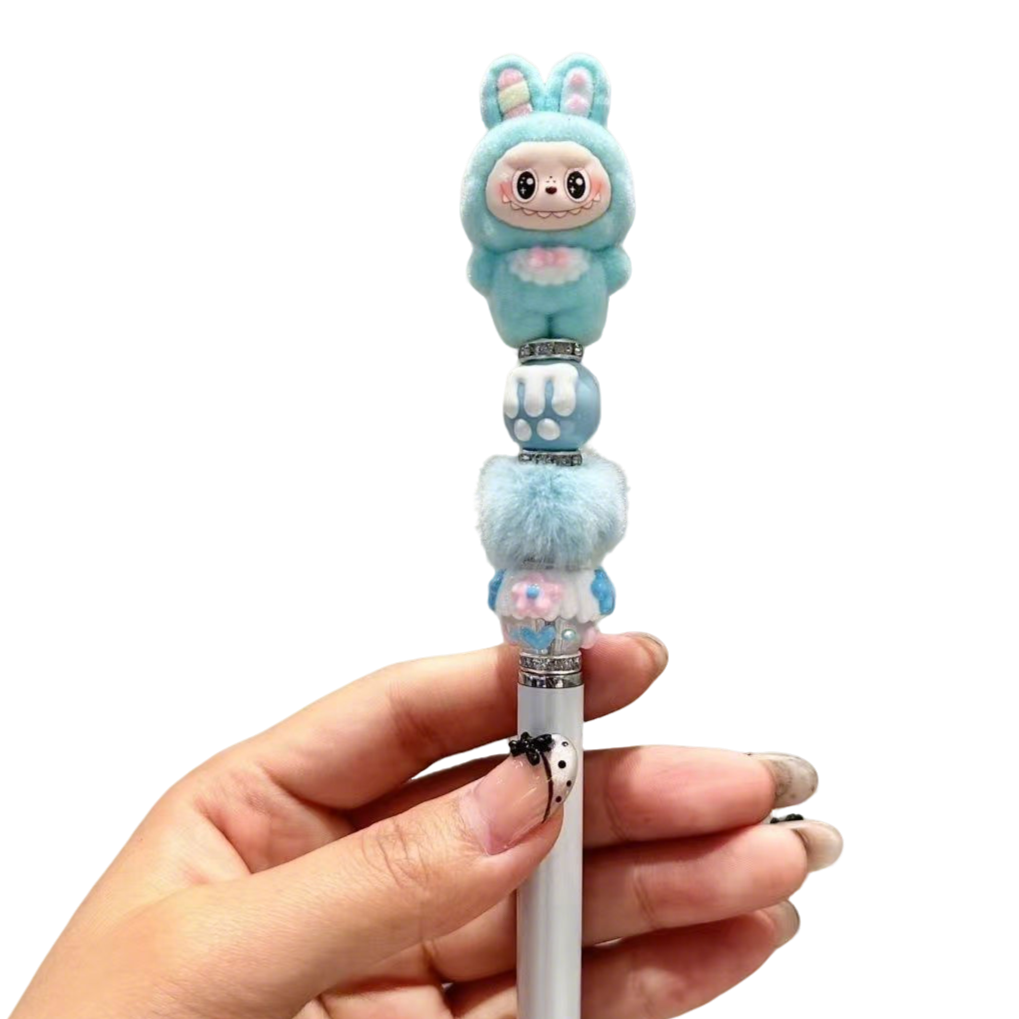 Rabbit-ear Labubu flocked kawaii 0.5 mm gel pen – black ink