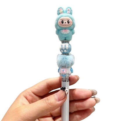 Rabbit-ear Labubu flocked kawaii 0.5 mm gel pen – black ink